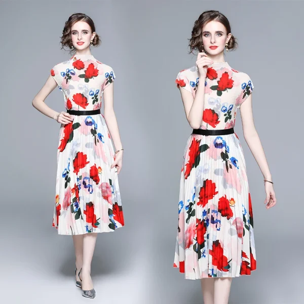 LE1246 in Stock Boutique Womens 2 Piece Sets High Quality Fabric Short-Sleeved Top Miyake Pleated Printed Long Pleated Skirt - Image 5