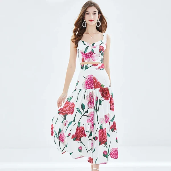 LE1383 Rose Print Stitching Chest Lift Suspender + Half Skirt Two-Piece Set Resort Style Boutique Women'S Wear With Chest Pad - Image 2