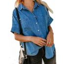 Summer Casual Loose Fashion Denim Tops Long Sleeve Lapel Simple Pocket Blouse Women Denim Shirt