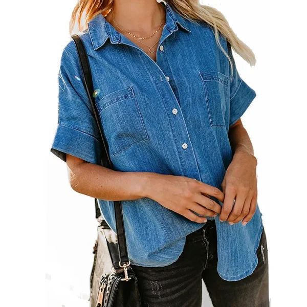 Summer Casual Loose Fashion Denim Tops Long Sleeve Lapel Simple Pocket Blouse Women Denim Shirt