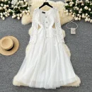 LE4774 White Dinner Party Dress for Women Heavy Industry Cutout Hook Lace Patchwork Receiving Waist Mesh Dress for Women