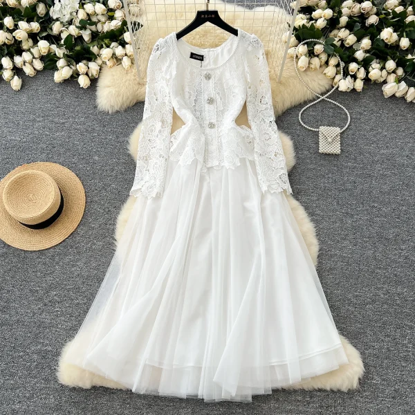 LE4774 White Dinner Party Dress for Women Heavy Industry Cutout Hook Lace Patchwork Receiving Waist Mesh Dress for Women