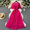 LE2581 2025 Women'S Elegant Pleated Dresses Female Lace Patchwork Belted Socialite Party Maxi Dress Robes Women Boutique Autumn