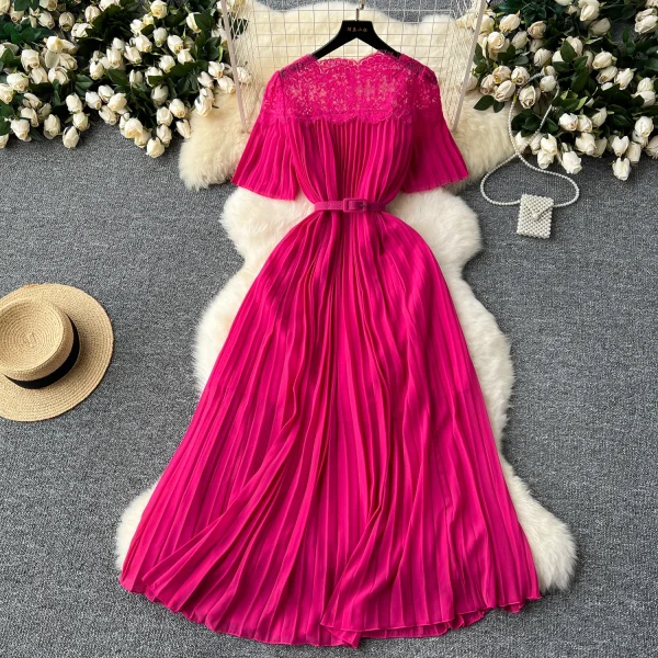 LE2581 2025 Women'S Elegant Pleated Dresses Female Lace Patchwork Belted Socialite Party Maxi Dress Robes Women Boutique Autumn