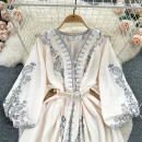 LE2586 Vintage Printed Dresses Autumn Lantern Long Sleeve V-Neck Holiday Dress Women Boutique Belted Midi Party Dresses Robe