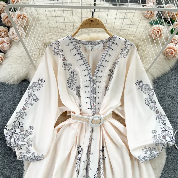 LE2586 Vintage Printed Dresses Autumn Lantern Long Sleeve V-Neck Holiday Dress Women Boutique Belted Midi Party Dresses Robe - Image 3