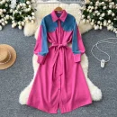 LE2668 Denim Patchwork Women'S Dress Niche Vintage Color Combination Long-Sleeved Single-Breasted Strap Shirt Office Woman Dress