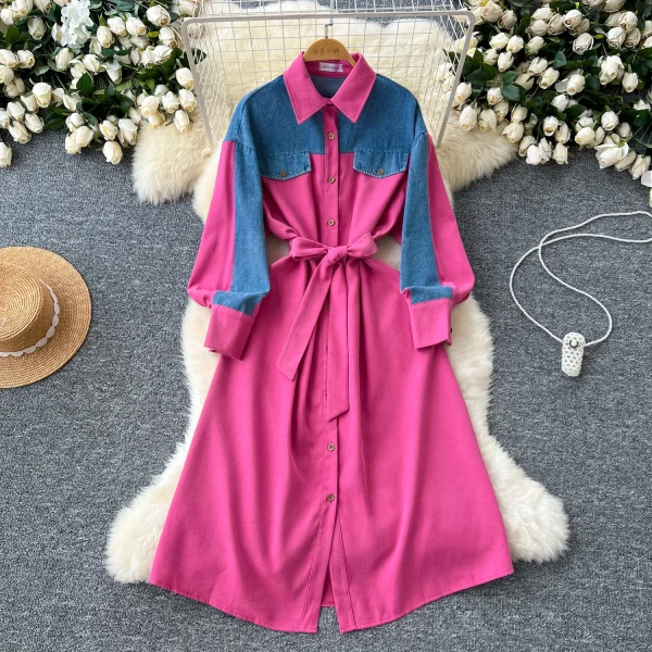 LE2668 Denim Patchwork Women'S Dress Niche Vintage Color Combination Long-Sleeved Single-Breasted Strap Shirt Office Woman Dress - Image 5
