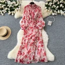 LE4783 Elegant Dress Women'S New French Three-Dimensional Flower Pleated Waist Fold Slit Print Skirt With Ruffled Edge