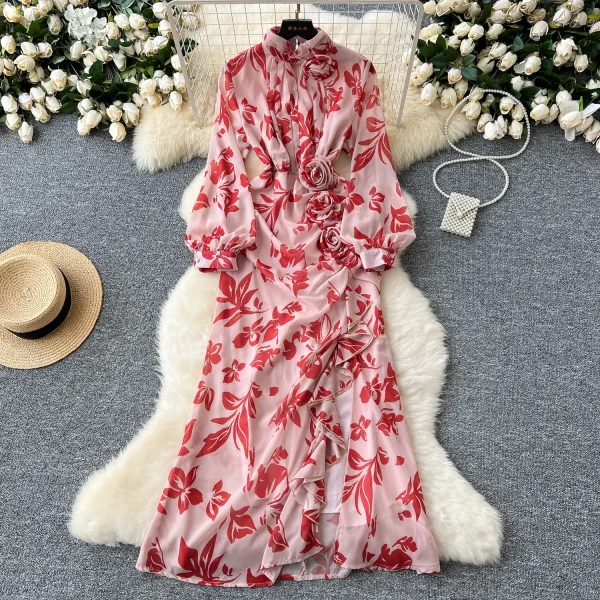 LE4783 Elegant Dress Women'S New French Three-Dimensional Flower Pleated Waist Fold Slit Print Skirt With Ruffled Edge - Image 3