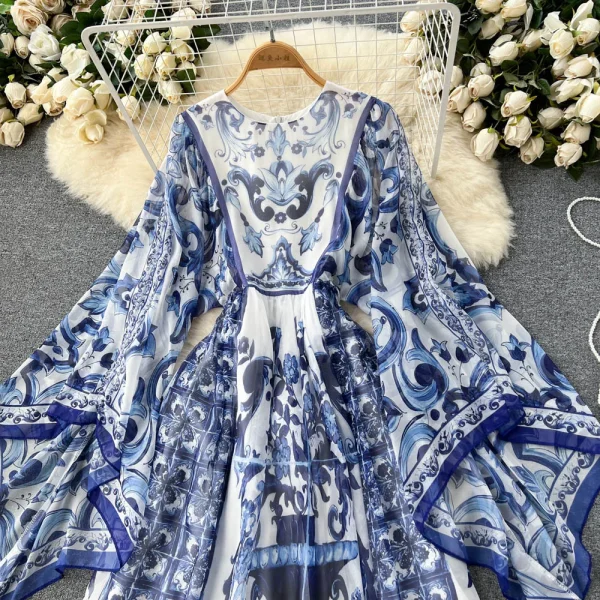 LE4046 Autumn Dress Niche Design Sense Holiday Style Vintage Print Flared Sleeve Chiffon Long Dress - Image 2