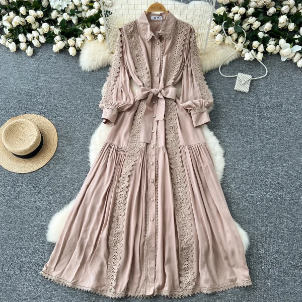 LE4780 Elegant Dress Female Fall Ladies Ladies Dress Niche High-Grade Lace Patchwork Single Breasted Waist Over Knee Dress - Image 2