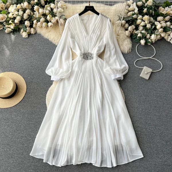 LE2605 Autumn Vintage Pleated V-Neck Evening Gown Female High Quality Nail Drill Flowing Hemline Socialite Long Evening Dresses - Image 5