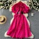 LE2625 Women's Luxury European Polka Dot Mesh Dresses Puffed Sleeves Sailor Collar Maxi Dress Sweet Clothes Socialite