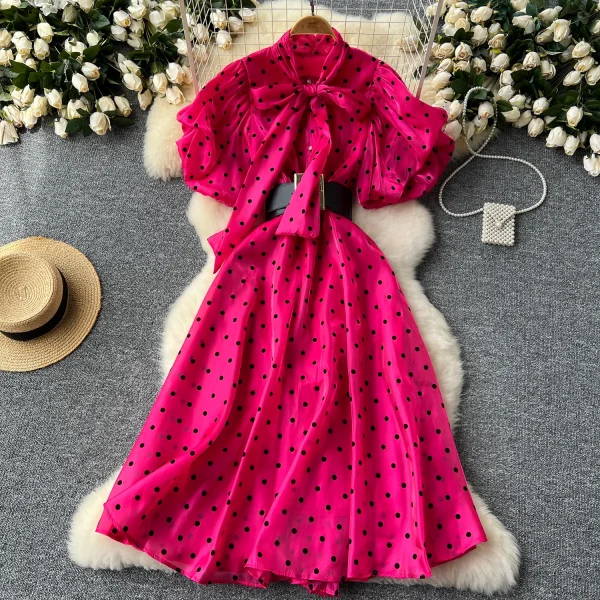 LE2625 Women's Luxury European Polka Dot Mesh Dresses Puffed Sleeves Sailor Collar Maxi Dress Sweet Clothes Socialite - Image 5