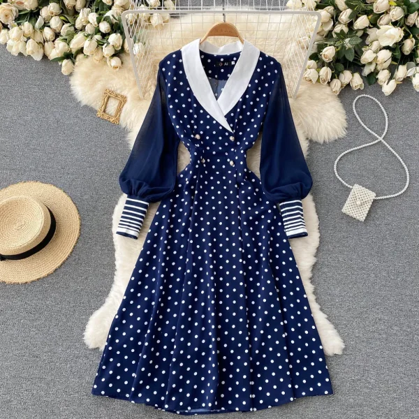 LE2603 Long Sleeve V-Neck Solid A-Line Dress Autumn Vintage Midi Dress Ladies Casual Dress Clothes Women
