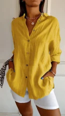 New Single-breasted Pleated Lapel Shirt Ladies Solid Colour Blouse