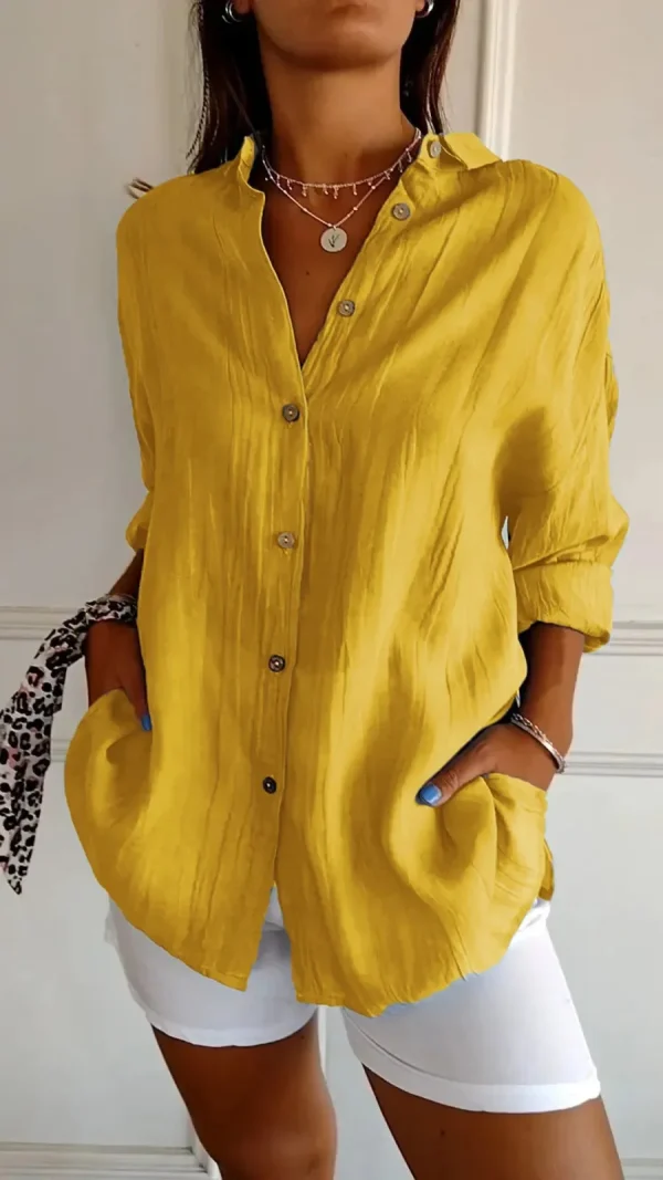 New Single-breasted Pleated Lapel Shirt Ladies Solid Colour Blouse - Image 4