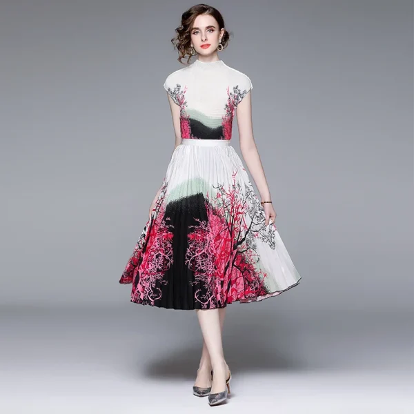 LE1267 in Stock Miyake Pleated Top Pleated Skirt Two-Piece Set 2025 New Printed Pleated Skirt Set - Image 4