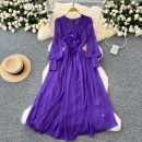 LE4782 Elegant Dress Dress for Ladies Dress Fall Niche Advanced Sense Three-Dimensional Flower V-Neck Waist Show Slim Skirt