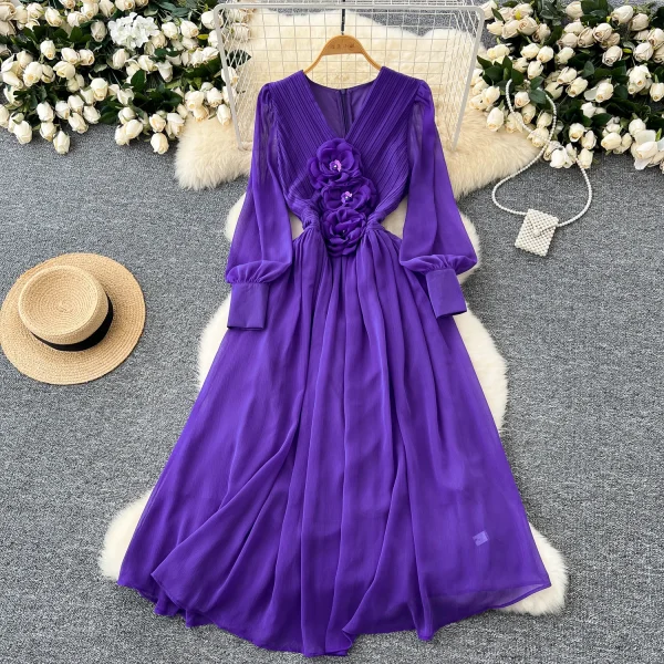 LE4782 Elegant Dress Dress for Ladies Dress Fall Niche Advanced Sense Three-Dimensional Flower V-Neck Waist Show Slim Skirt - Image 2