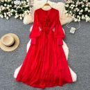 LE4782 Elegant Dress Dress for Ladies Dress Fall Niche Advanced Sense Three-Dimensional Flower V-Neck Waist Show Slim Skirt