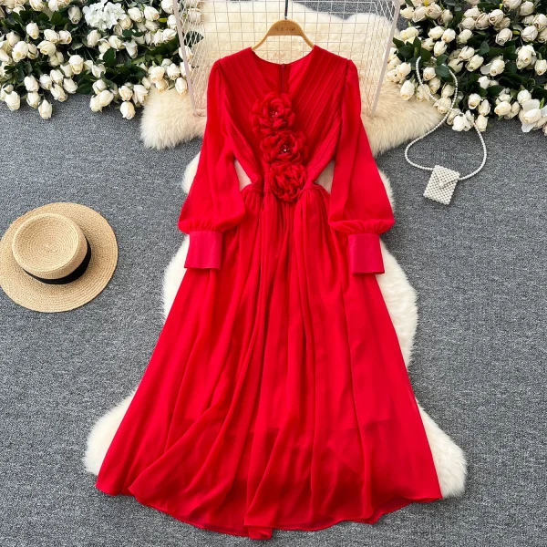 LE4782 Elegant Dress Dress for Ladies Dress Fall Niche Advanced Sense Three-Dimensional Flower V-Neck Waist Show Slim Skirt