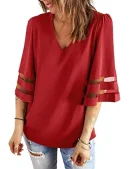 Loose V-neck Mesh Splicing Solid Color Chiffon Shirt Sweet Fresh Casual Shirt
