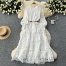 LE2618 2025 Autumn Lace Dresses Women Elegant Vintage Long Sleeve O-Neck Waist Slim A-Line Hollow Lace Women'S Dress