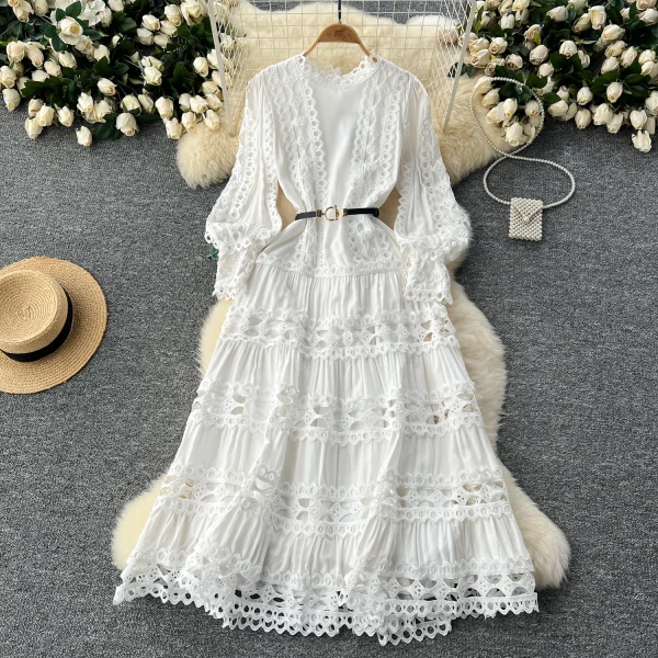 LE2618 2025 Autumn Lace Dresses Women Elegant Vintage Long Sleeve O-Neck Waist Slim A-Line Hollow Lace Women'S Dress - Image 5
