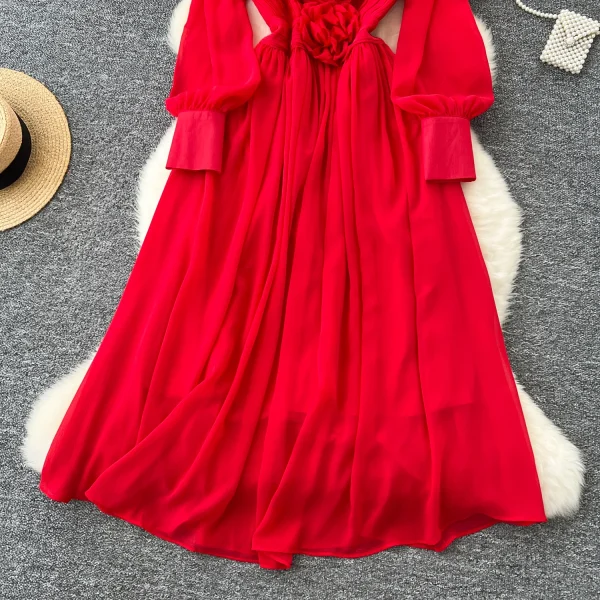 LE4782 Elegant Dress Dress for Ladies Dress Fall Niche Advanced Sense Three-Dimensional Flower V-Neck Waist Show Slim Skirt - Image 5