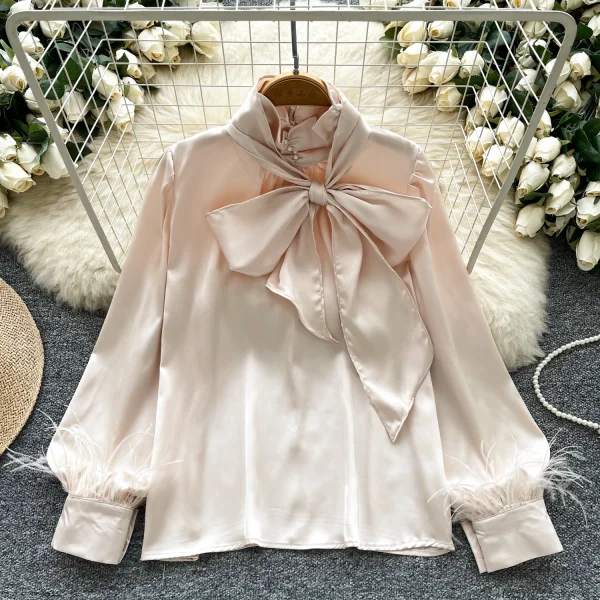LW0825 Fine Beaded Bow Neckline Long Sleeve Blouse Lady Satin Top Lady Blouses Elegant Women Ladies - Image 5