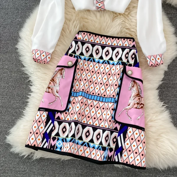 LE1703 Fashion Boutique Set Temperament Printing Loose Long-Sleeved Shirt + High Waist Half-Body Skirt Skirt Two-Piece Set - Image 5