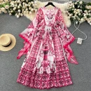 LE4046 Autumn Dress Niche Design Sense Holiday Style Vintage Print Flared Sleeve Chiffon Long Dress