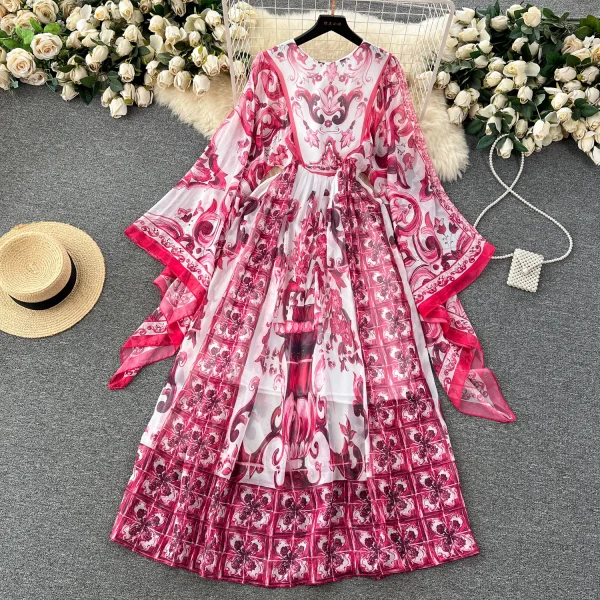 LE4046 Autumn Dress Niche Design Sense Holiday Style Vintage Print Flared Sleeve Chiffon Long Dress - Image 4