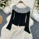 LE2084 French Retro Early Spring Wear Set Sweet Ruffled Top Color Contrast Chiffon Skirt Two-Piece Set
