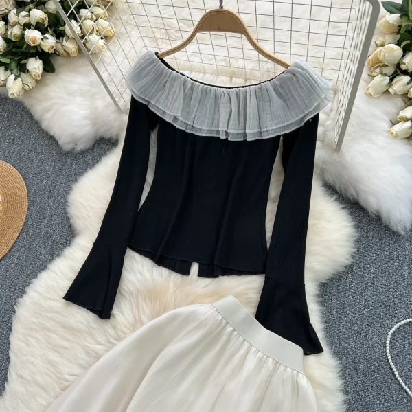 LE2084 French Retro Early Spring Wear Set Sweet Ruffled Top Color Contrast Chiffon Skirt Two-Piece Set - Image 5