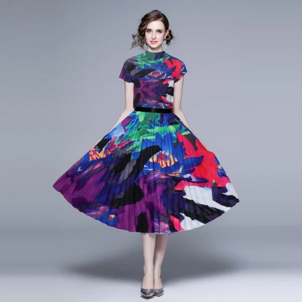 LE1246 in Stock Boutique Womens 2 Piece Sets High Quality Fabric Short-Sleeved Top Miyake Pleated Printed Long Pleated Skirt - Image 2