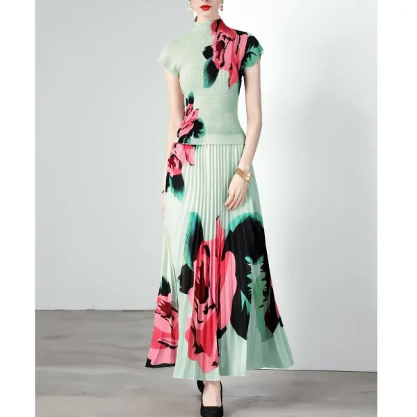 LE1277 in Stock High-Quality Floral Print Pleated Skirt Short Sleeve Shirt Printed Pleated Skirt Boutique Women'S 2-Piece Set - Image 3