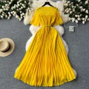 LE2581 2025 Women'S Elegant Pleated Dresses Female Lace Patchwork Belted Socialite Party Maxi Dress Robes Women Boutique Autumn