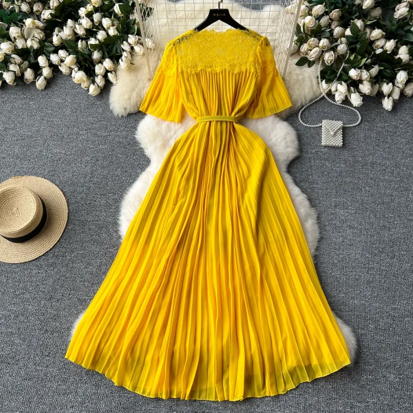 LE2581 2025 Women'S Elegant Pleated Dresses Female Lace Patchwork Belted Socialite Party Maxi Dress Robes Women Boutique Autumn - Image 5
