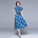 LE1242 in Stock High Quality Fabric Women'S Sets Printed Short Sleeve Pleated Shirt Printed Long Pleated Skirt 2 Piece Set