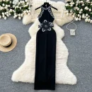 LE4767 Sexy Hollow Waist Exposure Hot Drill Three-Dimensional Flower Waist Slimming Sleeveless Neck Hanging Foreign Dress