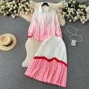 LE1666 Pink Gradient Ladies Two-Piece Long-Sleeved Shirt + High Waist Pleated Skirt Set Celebrity Office Party Casual Set