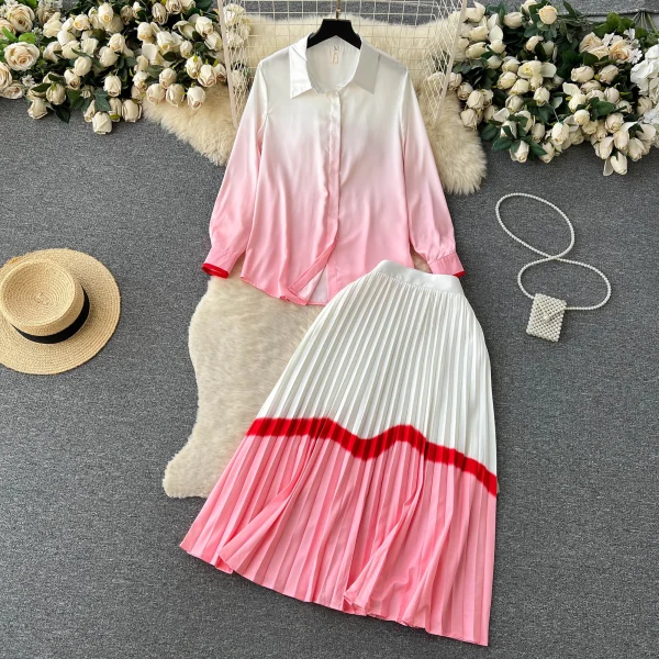 LE1666 Pink Gradient Ladies Two-Piece Long-Sleeved Shirt + High Waist Pleated Skirt Set Celebrity Office Party Casual Set