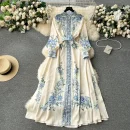 LE2584 Vintage Maxi Printed Dresses 2025 New Autumn Lantern Long Sleeve Evening Gown Single Breasted Women Boutique Long Dresses