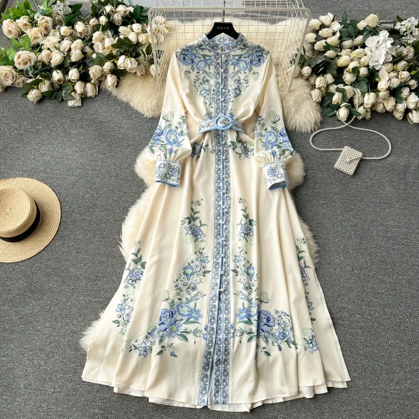 LE2584 Vintage Maxi Printed Dresses 2025 New Autumn Lantern Long Sleeve Evening Gown Single Breasted Women Boutique Long Dresses - Image 3