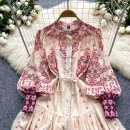 LE2629 Autumn Women Boutique Robe Lantern Long Sleeve Socialite Party Maxi Elegant Lady Dresses Hemp Belt Long Printed Dresses