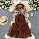 LE4781 Autumn New Senior Sense Retro Lapel Long Sleeve Plaid Patchwork Receiving Waist Mesh Gauze Peng Peng Dress Female