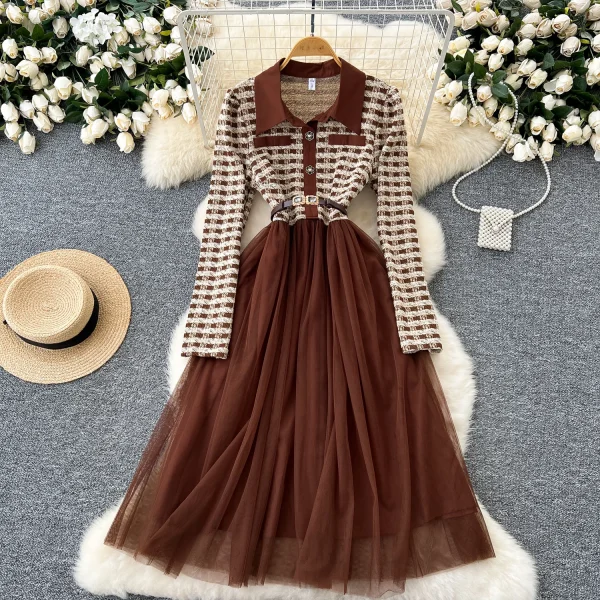 LE4781 Autumn New Senior Sense Retro Lapel Long Sleeve Plaid Patchwork Receiving Waist Mesh Gauze Peng Peng Dress Female